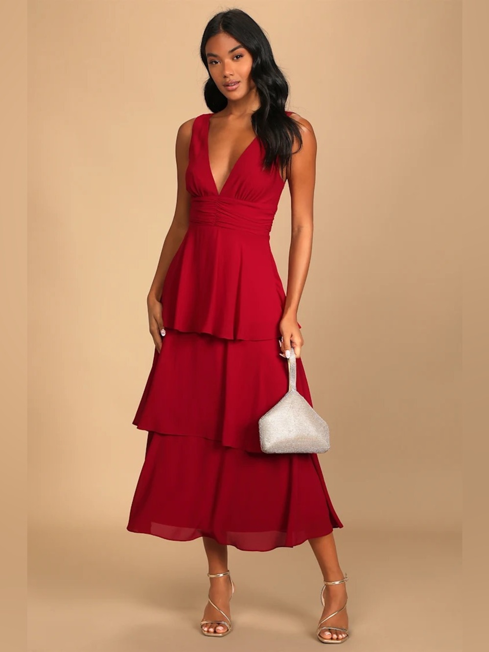 Lulus Celebration Time Red Sleeveless Tiered Midi Dress small as is***